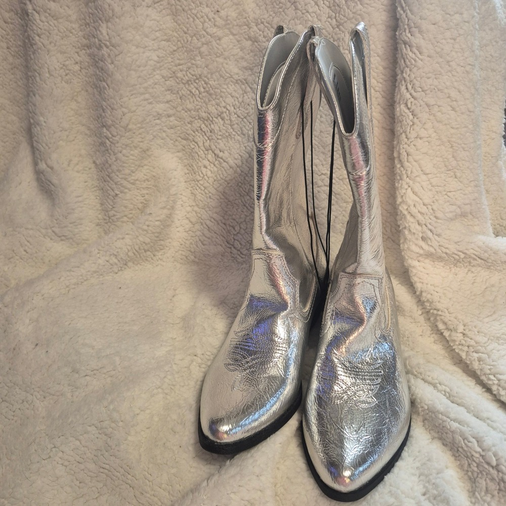 Arizona Women Silver Metallic Cowboy Boots Western Mid Calf Pointed Toe - Picture 3 of 5